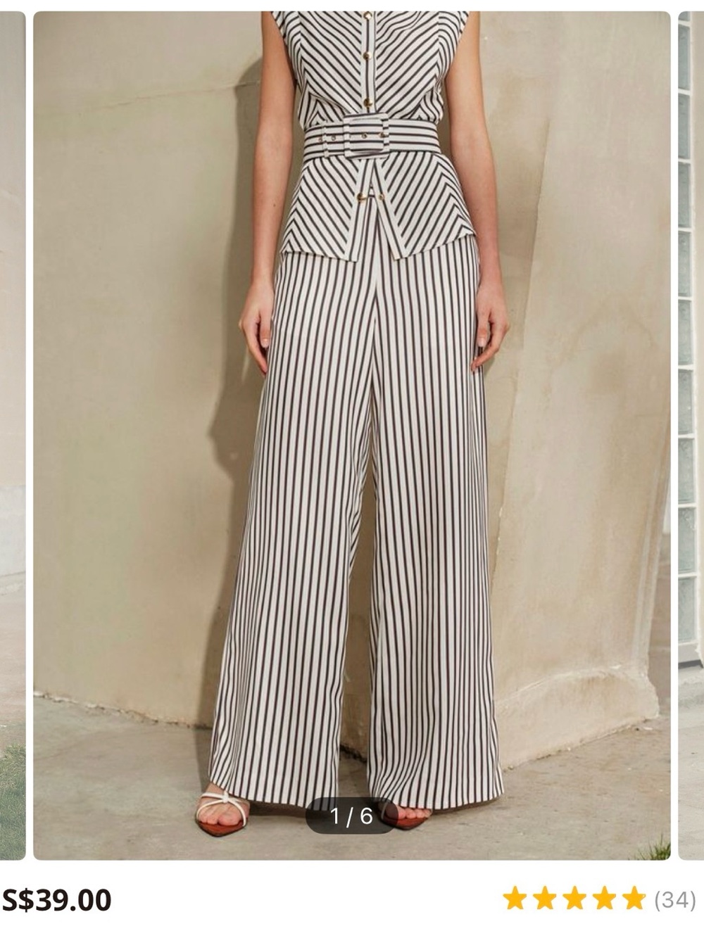 Commense Black & White Vertical-Stripe Wide-Leg Jumpsuit Pants